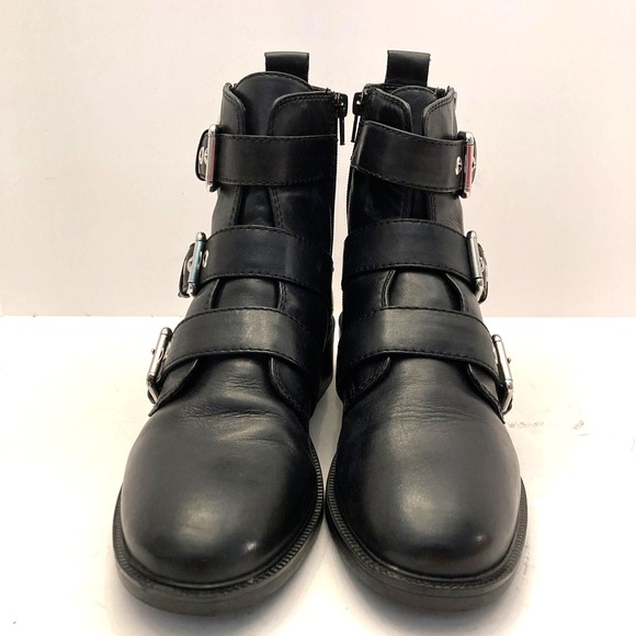 Aldo Ocauma Combat Boots Black Leather Buckle Straps Womens 10 EU 41 Side Zip - Picture 2 of 9